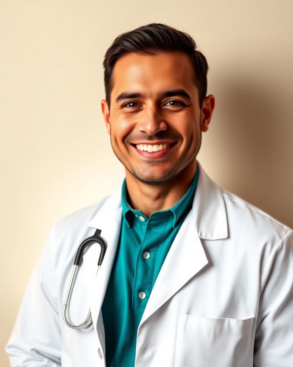 Retrato del Dr. Nicolás Ferreyra Iturbe con guardapolvo blanco en su consultorio de ortodoncia