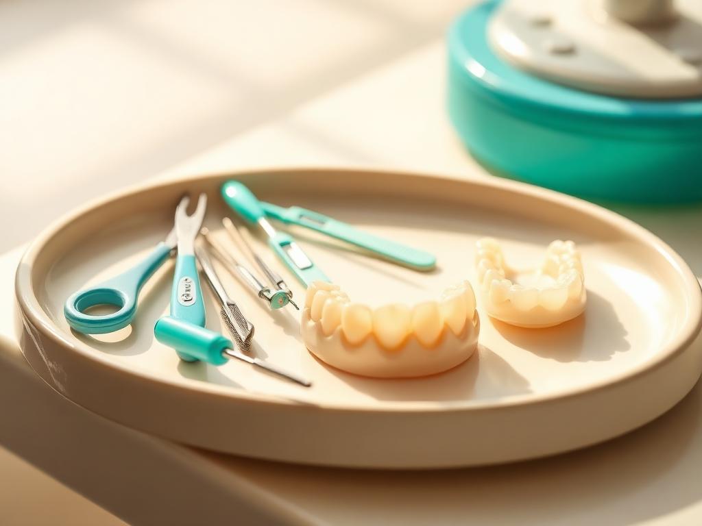 Instrumental de ortodoncia y brackets sobre una bandeja clínica clara