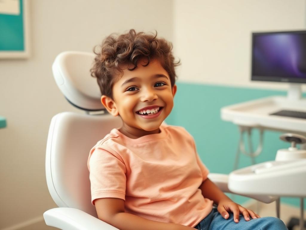 Niño sonriendo en el sillón durante un control de ortodoncia infantil
